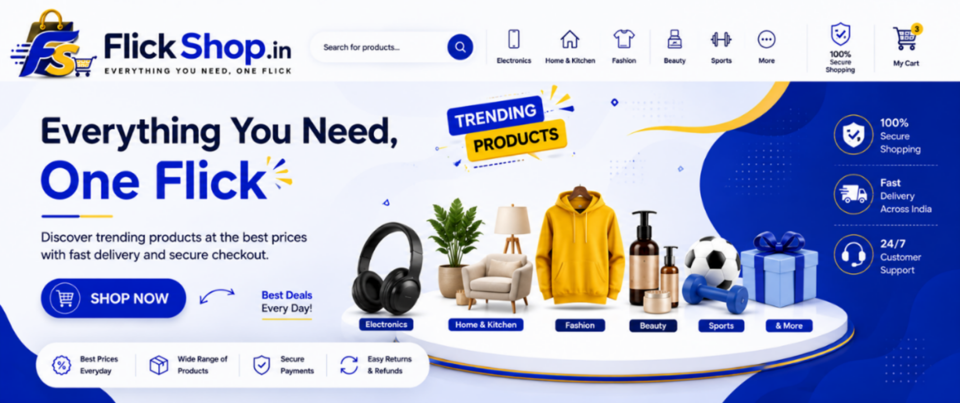 A promotional banner for Flick Shop.in, featuring the Flick Shop logo, navigation icons, and marketing text 'Everything You Need, One Flick.