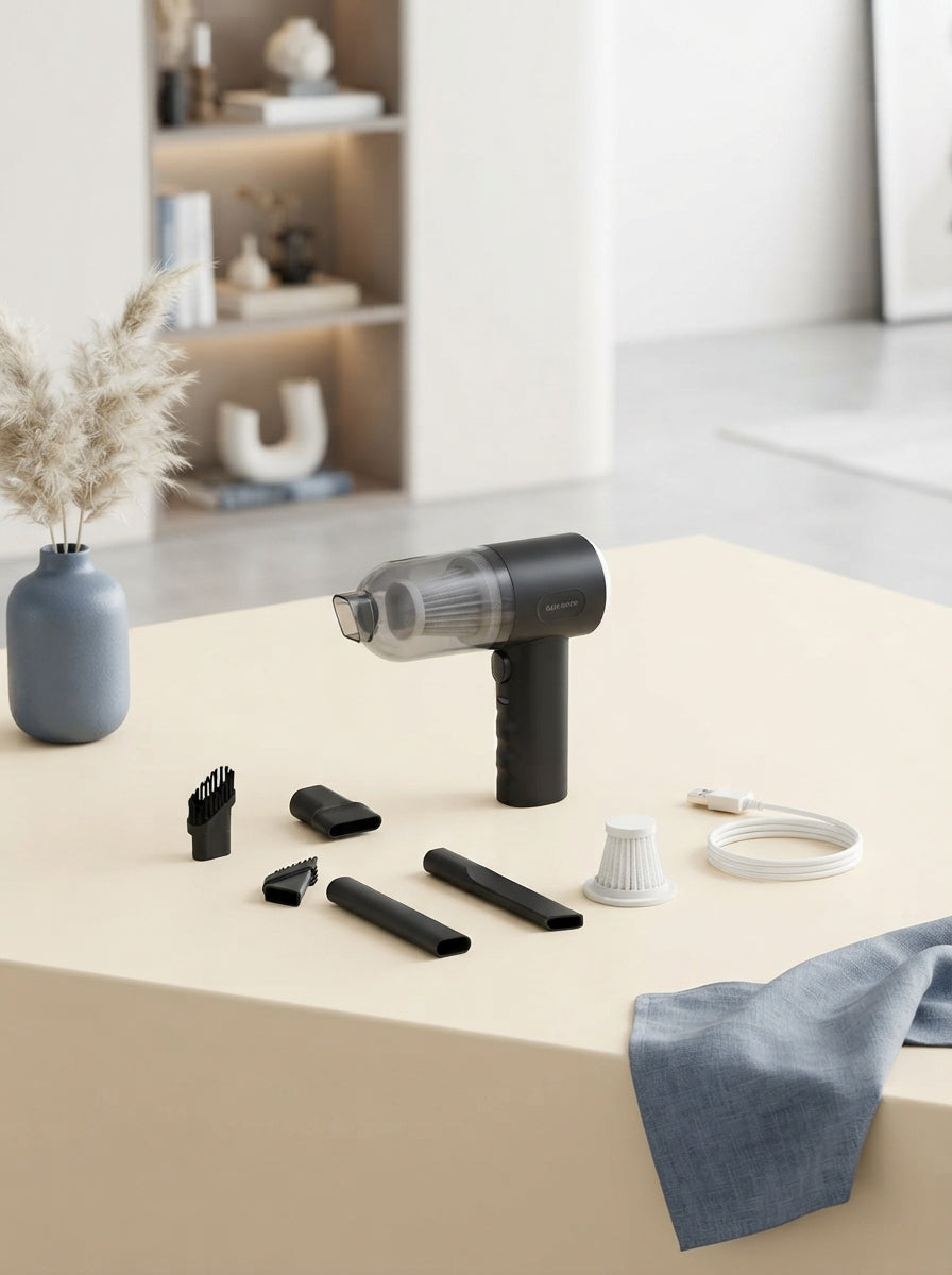 A compact 3-in-1 portable vacuum, mop, and blower device displayed on a cream surface with slate blue accents.